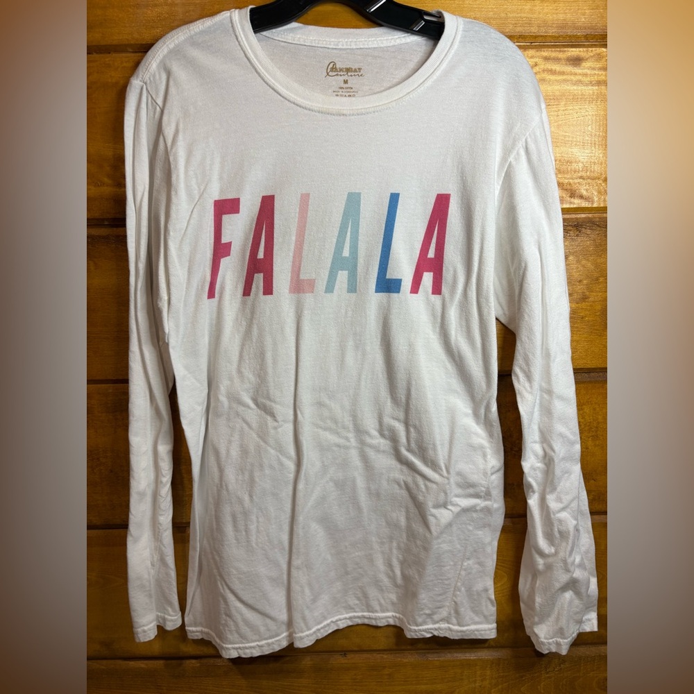 🎄 Christmas White Long Sleeve Tee with Multicolor 'FALALA' Print size medium